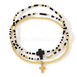 Minimalist Glass Seed Beads Stretch Bracelet Sets, Cross Brass Charm Bracelets for Women, Black, Inner Diameter: 6-1/2 inch(16.5cm)(QH6334-1)