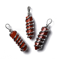 Natural Red Jasper Big Pointed Pendants, Eco-Friendly Copper Wire Wrapped, Platinum, Cadmium Free & Lead Free, Bullet, 54.5x14x13.5mm, Hole: 8mm(G-I322-05P-06)