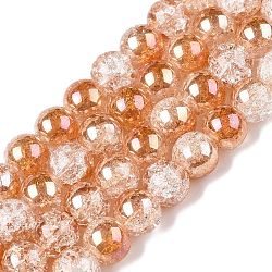 Electroplated Crackle Glass Beads Strands, Half Plated, Round, Coral, 8~8.5mm, Hole: 1~1.2mm, about 50~51pcs/strand, 14.57~14.96 inch(37~38cm)(X-EGLA-N014-8mm-01)