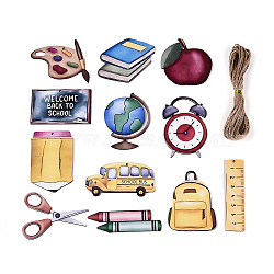 12Pcs Back to School UV Single Face Printed Wood School Supplies Pendant Decorations, Jute Rope Hanging Decorations, Laser Cut Wood Shapes, Mixed Color, 40~85.5x22~80x2mm, Hole: 2.5~18x2.5~28mm(WOOD-N020-04)