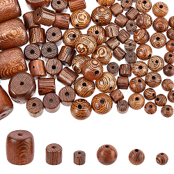 ARRICRAFT 120Pcs 6 Style Natural Wenge Wood Beads, Round & Barrel, Camel, 6~14.5x6~13mm, Hole: 1~2mm, 20pcs/style(WOOD-AR0001-18)