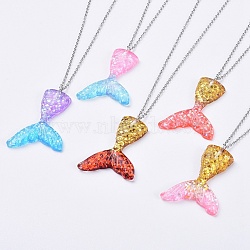 304 Stainless Steel Pendant Necklaces, Resin Pendants, with Glitter Powder and Iron Findings, Mermaid Tail Shape, Mixed Color, 17.32 inch(44cm)(NJEW-JN02477-M)