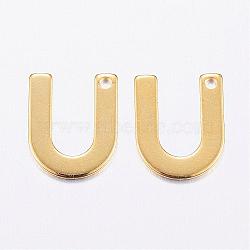 304 Stainless Steel Charms, Letter, Initial Charms, Real 18k Gold Plated, Letter.U, 11x6~12x0.8mm, Hole: 1mm(STAS-P141-U)