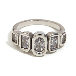 316L Surgical Stainless Steel with Clear Cubic Zirconia Finger Rings, Rectangle with Oval, Stainless Steel Color, 9.8mm, US Size 7(17.3mm)(WGB9731-05)
