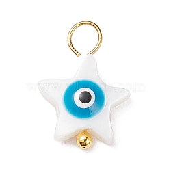 Natural Freshwater Shell Charms, with Golden Tone Alloy Loops, Star with Evil Eye, Deep Sky Blue, 14.5x10x3.5mm, Hole: 3mm(PALLOY-JF01873-02)