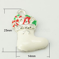 Alloy Enamel Pendants, Cadmium Free & Lead Free, Christmas Stockings for Holiday Jewelry Making, Silver Color Plated, White, 23x14x2.5mm, Hole: 2mm(ENAM-C1420-5)