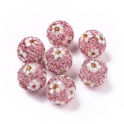 Polymer Clay Rhinestone Beads, Pave Disco Ball Beads, Round with Flower, Light Rose, 16mm, Hole: 1.6~1.8mm(RB-L029-03L)