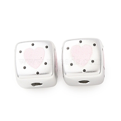 Plating Printed Acrylic Beads, Cube with Heart & Dot, Silver Plated, 14x14x14mm, Hole: 3.6mm(AC-CBA655C-10)
