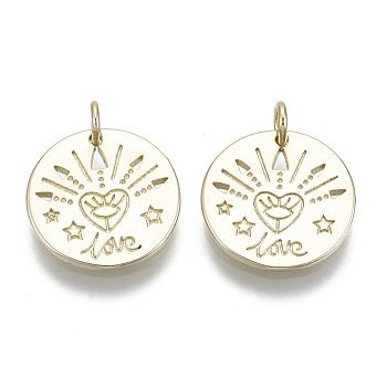 Brass Pendants, with Jump Rings, Flat Round with Word Love, Nickel Free, Real 16K Gold Plated, 15x1.5mm, Hole: 3mm