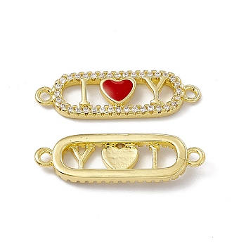 Rack Plating Brass Micro Pave Clear Cubic Zirconia Connector Charms, with Enamel, Cadmium Free & Lead Free, Oval with Heart Links, Real 18K Gold Plated, Red, 8.5x27x2.5mm, Hole: 1.5mm