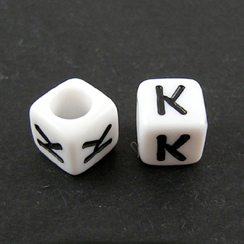 Letter Acrylic European Beads, Horizontal Hole, Cube, Letter.K, 10x10x10mm, Hole: 3.5~4mm, about 59pcs/50g