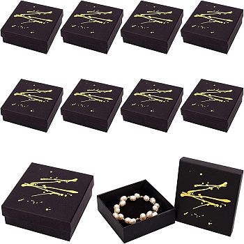 Nbeads Hot Stamping Cardboard Jewelry Packaging Boxes, with Sponge Inside, for Rings, Small Watches, Necklaces, Earrings, Bracelet, Square, Black, 9.15x9.15x2.9cm