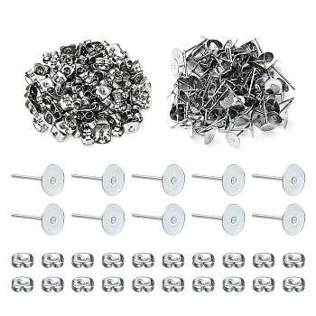 100Pcs 304 Stainless Steel Stud Earring Findings, Flat Round Pad Base Earring Settings, with 100Pcs Friction Ear Nuts, Stainless Steel Color, 12x6mm, Pin: 0.8mm