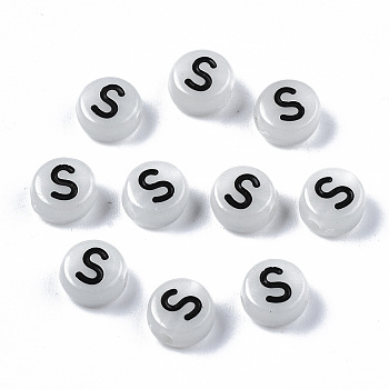 Acrylic Beads, with Enamel and Luminous, Horizontal Hole, Flat Round with Black Letter, Glow in the Dark, Light Grey, Letter.S, 7x3.5mm, Hole: 1.5mm, about 3600~3700pcs/500g