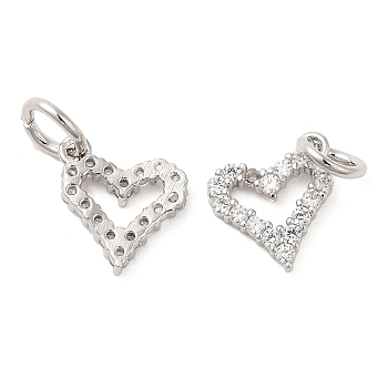 Rack Plating Brass Micro Pave Clear Cubic Zirconia Heart Charms, with Jump Ring, Long-Lasting Plated, Lead Free & Cadmium Free, Platinum, 11.5x10x2mm, Hole: 4mm