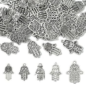 50Pcs 5 Styles Tibetan Style Alloy Pendants,  Hamsa Hand, Antique Silver, 24~28x14~20x1~2.5mm , Hole: 1~3mm, 10pcs/style