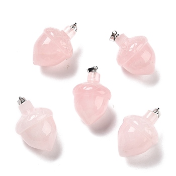 Natural Rose Quartz Pendants, with Rack Plating Brass Findings, Cadmium Free & Lead Free, Real Platinum Plated, Acorns, 29x20~21mm, Clasp: 5x4mm