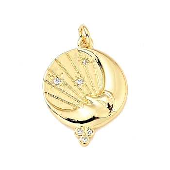 Brass Micro Pave Cubic Zirconia Pendants, Cadmium Free & Lead Free, Flat Round with Moon, Long-Lasting Plated, Real 18K Gold Plated, 24x18x3mm, Jump Ring: 5x1mm, 3.2mm Inner Diameter