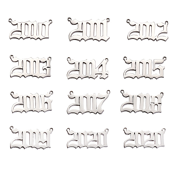 Titanium Steel Birth Year Charms, Old English, Stainless Steel Color, Stainless Steel Color, 11.5~14.5x23.5~24.5x1.5mm, 11pcs/bag