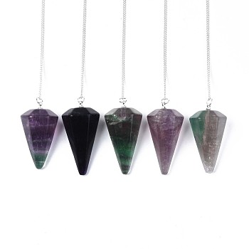 Natural Fluorite Hexagonal Pointed Dowsing Pendulums, with Copper Clad Iron Cross Chains, Cone/Spike, Platinum, 255~260mm, Hole: 2mm