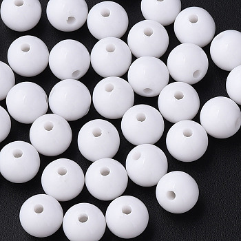 Opaque Acrylic Beads, Round, White, 10x9mm, Hole: 2mm