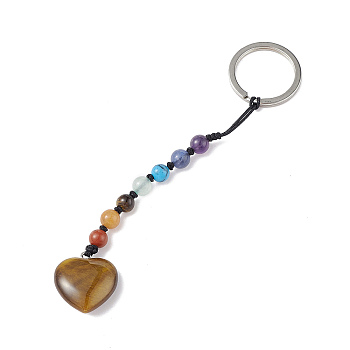 7 Chakra Gemstone Beads Keychain, Natural Tiger Eye Heart Charm Keychain for Women Men Hanging Car Bag Charms, 13cm