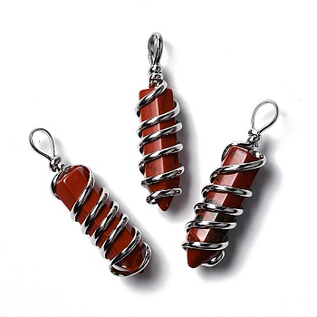 Natural Red Jasper Big Pendants, Eco-Friendly Copper Wire Wrapped, Platinum, Cadmium Free & Lead Free, Bullet, 54.5x14x13.5mm, Hole: 8mm