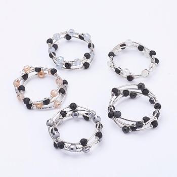 Electroplate Glass Bead Wrap Bracelets, 4-Loop, with Natural Lava Rock Beads, Zinc Alloy Bead Caps and Brass Tube Beads, Mixed Color, 2-1/8 inch(54mm)