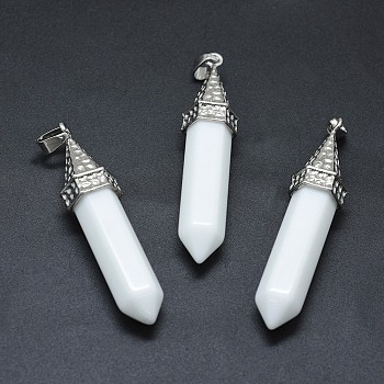 Opaque Glass Pointed Pendants, with Alloy Findings, Bullet, Platinum, White, 61x14.5x12.5mm, Hole: 3.5x
7.5mm
