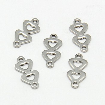 Tarnish Resistant 304 Stainless Steel Links connectors, Heart to Heart, Stainless Steel Color, 12x6x1mm, Hole: 0.5mm, about 500pcs/bag