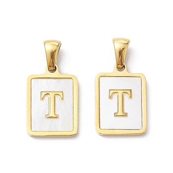 Ion Plating(IP) 304 Stainless Steel Pave Shell Pendants, Rectangle Charm, Real 18K Gold Plated, Letter T, 17.5x12x1.5mm, Hole: 3x5mm