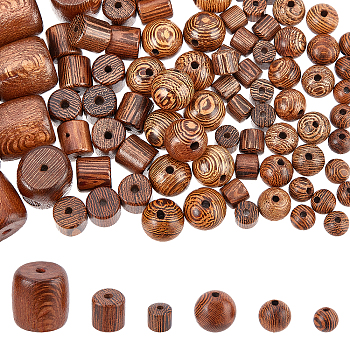 ARRICRAFT 120Pcs 6 Style Natural Wenge Wood Beads, Round & Barrel, Camel, 6~14.5x6~13mm, Hole: 1~2mm, 20pcs/style