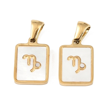 Constellations Natural White Shell Pendants, Ion Plating(IP) 304 Stainless Steel Rectangle Charms, Real 18K Gold Plated, Capricorn, 16x10.5x1.5mm, Hole: 5x3mm