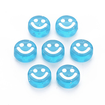 Transparent Acrylic Beads, with Glitter Powder, Flat Round with White Enamel Smile Face, Deep Sky Blue, 10x5mm, Hole: 2mm, about 1450pcs/500g