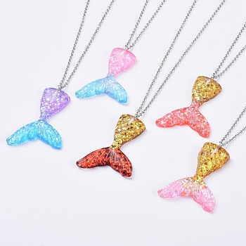 304 Stainless Steel Pendant Necklaces, Resin Pendants, with Glitter Powder and Iron Findings, Mermaid Tail Shape, Mixed Color, 17.32 inch(44cm)