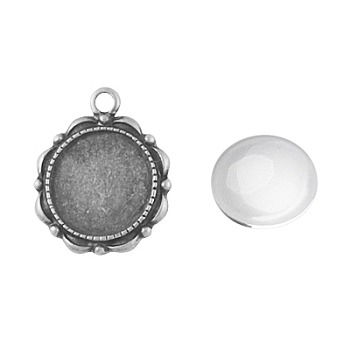 Pendant Making Sets, with Alloy Pendant Cabochon Settings and Glass Cabochons, Flat Round, Lead Free, Antique Silver, Tray: 14mm, 23x18x2mm, Hole: 3mm, 13.5~14x4mm