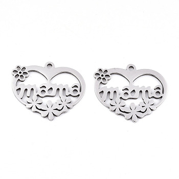 Mother's Day 201 Stainless Steel Pendants, Laser Cut, Heart with Word Mama, Stainless Steel Color, 17x20x0.9mm, Hole: 1.4mm