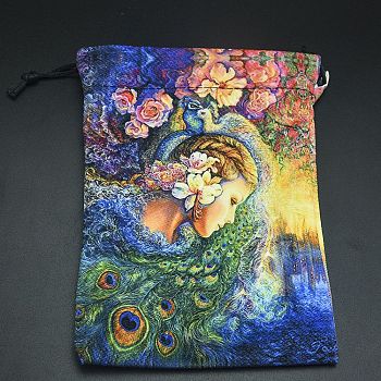 Double-Sided Printed Velvet Tarot Cards Storage Drawstring Bags, Tarot Desk Storage Holder with Tarot Theme Pattern, Colorful, 18x13cm