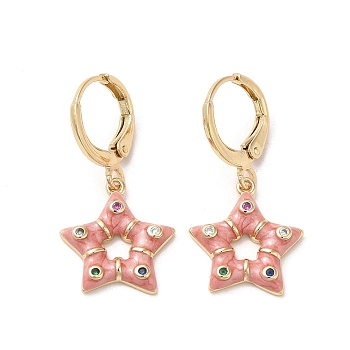 Star Real 18K Gold Plated Brass Dangle Leverback Earrings, with Enamel and Cubic Zirconia, Light Salmon, 28.5x14.5mm