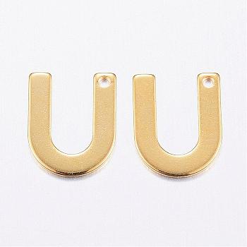 304 Stainless Steel Charms, Letter, Initial Charms, Real 18k Gold Plated, Letter.U, 11x6~12x0.8mm, Hole: 1mm