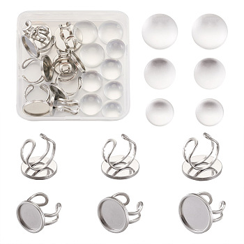 9Pcs 3 Sizes 304 Stainless Steel Cuff Pad Ring Settings, with 9Pcs Half Round Transparent Glass Cabochons, for DIY Finger Ring Making Kits, Stainless Steel Color, Tray: 16mm/18mm/20mm, US Size 7 1/4(17.5)~US Size 8(18mm)