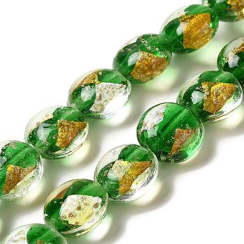 Handmade Gold Sand and Silver Sand Lampwork Flat Round Beads, Green, 14~14.5x8.5~9mm, Hole: 1.6~1.8mm