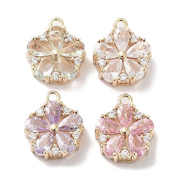 Brass Micro Pave Cubic Zirconia Charms, with Mixed Color Glass, Flower Charm, Real 18K Gold Plated, 13x11x4mm, Hole: 1.2mm