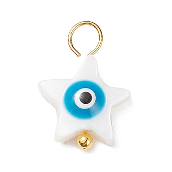 Natural Freshwater Shell Charms, with Golden Tone Alloy Loops, Star with Evil Eye, Deep Sky Blue, 14.5x10x3.5mm, Hole: 3mm