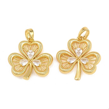 Brass Micro Pave Clear Cubic Zirconia Pendants, Clover Charms, Golden, 20x19.5x4mm, Hole: 4.5x2.5mm