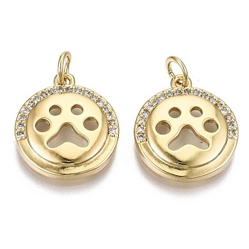 Brass Micro Pave Clear Cubic Zirconia Pendants, with Jump Ring, Cadmium Free & Nickel Free & Lead Free, Flat Round with Dog's Paw Print, Real 16K Gold Plated, 17x15x3mm, Jump ring: 5x0.6mm, Inner Diameter: 3mm