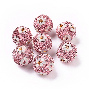 Polymer Clay Rhinestone Beads, Pave Disco Ball Beads, Round with Flower, Light Rose, 16mm, Hole: 1.6~1.8mm
