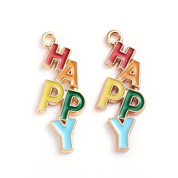 Alloy Enamel Pendants, with Word HAPPY, Light Gold, Colorful, 29x11.2x1.8mm, Hole: 1.6mm