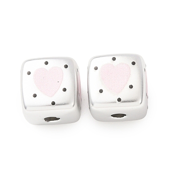 Plating Printed Acrylic Beads, Cube with Heart & Dot, Silver Plated, 14x14x14mm, Hole: 3.6mm