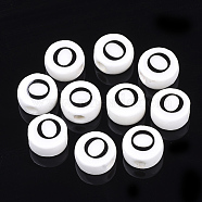 Handmade Porcelain Beads, Horizontal Hole, Flat Round with Letter, White, Letter.O, 8~8.5x4.5mm, Hole: 2mm(PORC-Q259-01O)